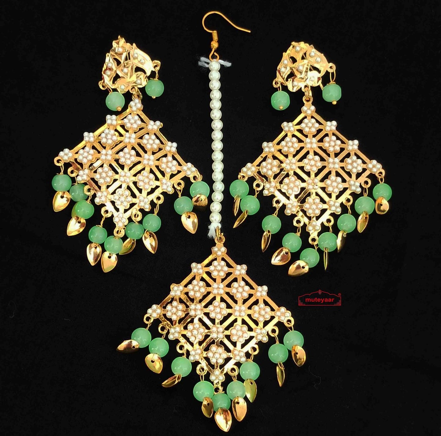 PJ- Light Green Jadau Tikka Set J0661 – Maang Teeka Set Online | Punjabi Bridal Jewellery