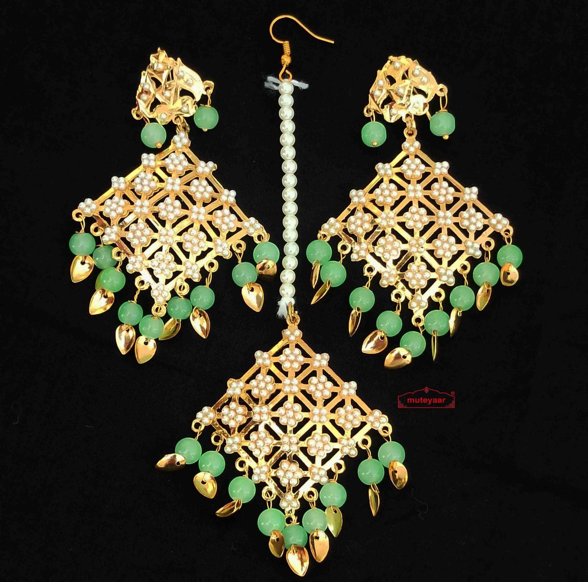 PJ- Light Green Jadau Tikka Set J0661 – Maang Teeka Set Online | Punjabi Bridal Jewellery