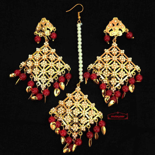 PJ- Red Jadau Tikka Set J0662 – Punjabi Tikka Earrings Set Online | Punjabi Bridal Jewellery