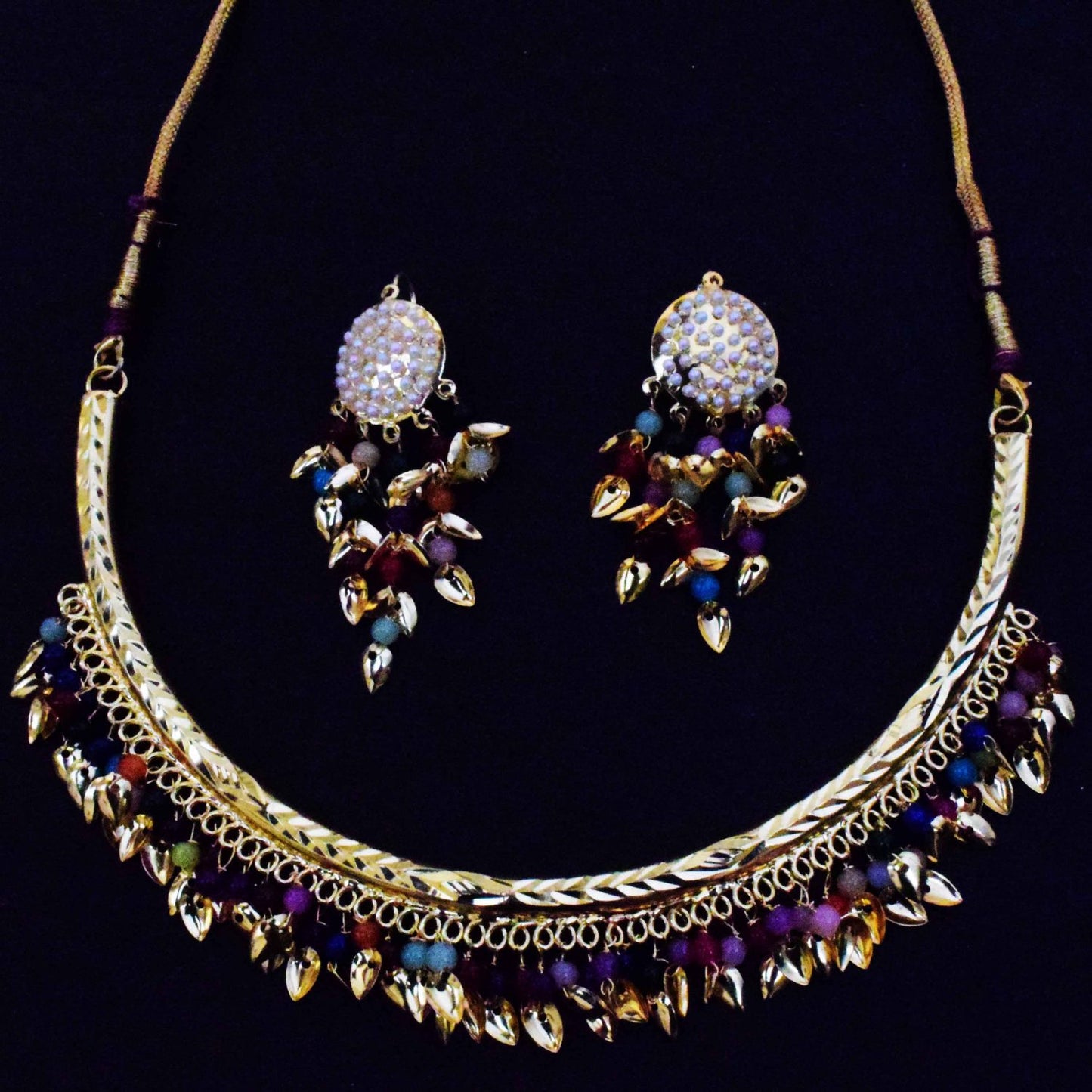Multicolour Hasli Earrings Set J0667 | Punjabi Moti Beads & Golden Patti Necklace