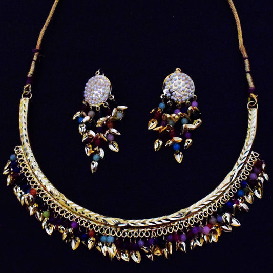 PJ- Multicolour Hasli Earrings Set J0667 | Punjabi Moti Beads & Golden Patti Necklace | Punjabi Bridal Jewellery