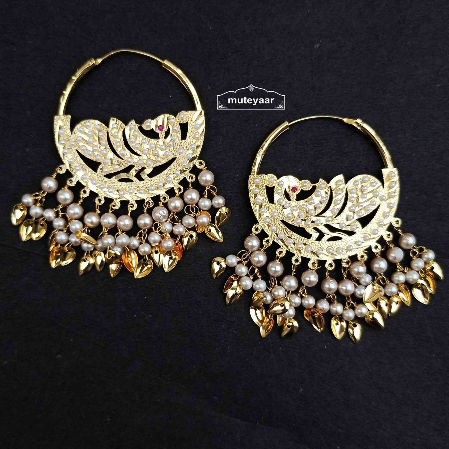 Jadau Morni Bali Earrings J0669 – Gold Plated Punjabi Bali with White Beads