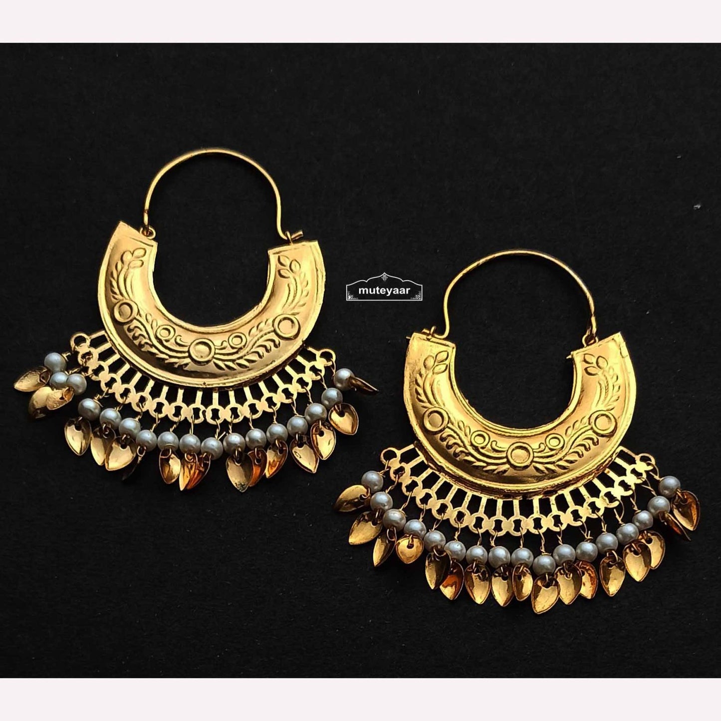 Punjabi Bucket Bali Earrings J0694 – White Beads & Golden Patti Traditional Bali