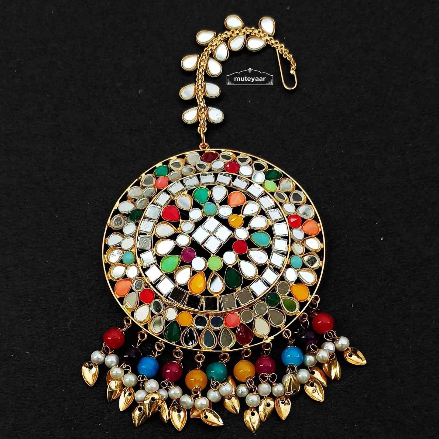 Multicolour Big Mirror Work Maang Teeka J0703 – Punjabi Tikka Jewellery