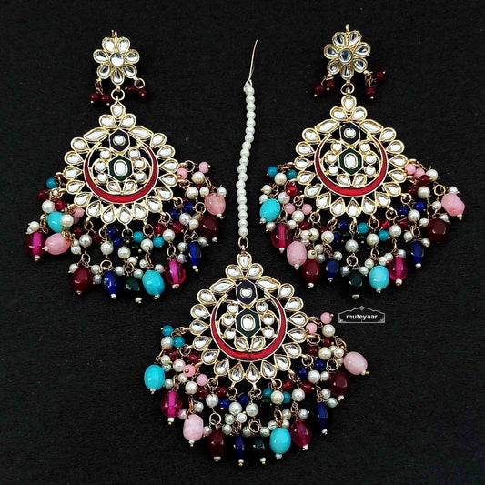 PJ- Multicolour Kundan Tikka Earrings Set J0706 | Punjabi Tikka Jewellery | Punjabi Bridal Jewellery