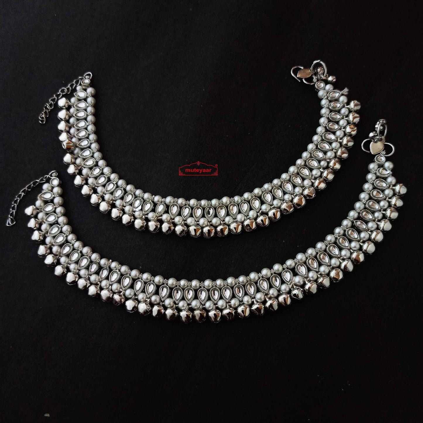 Silver Kundan Ghungroo Jhajhar J0719 – Payal Nupur Pair | Punjabi Anklets