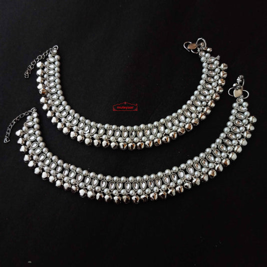 PJ- Silver Kundan Ghungroo Jhajhar J0719 – Payal Nupur Pair | Punjabi Anklets | Punjabi Bridal Jewellery
