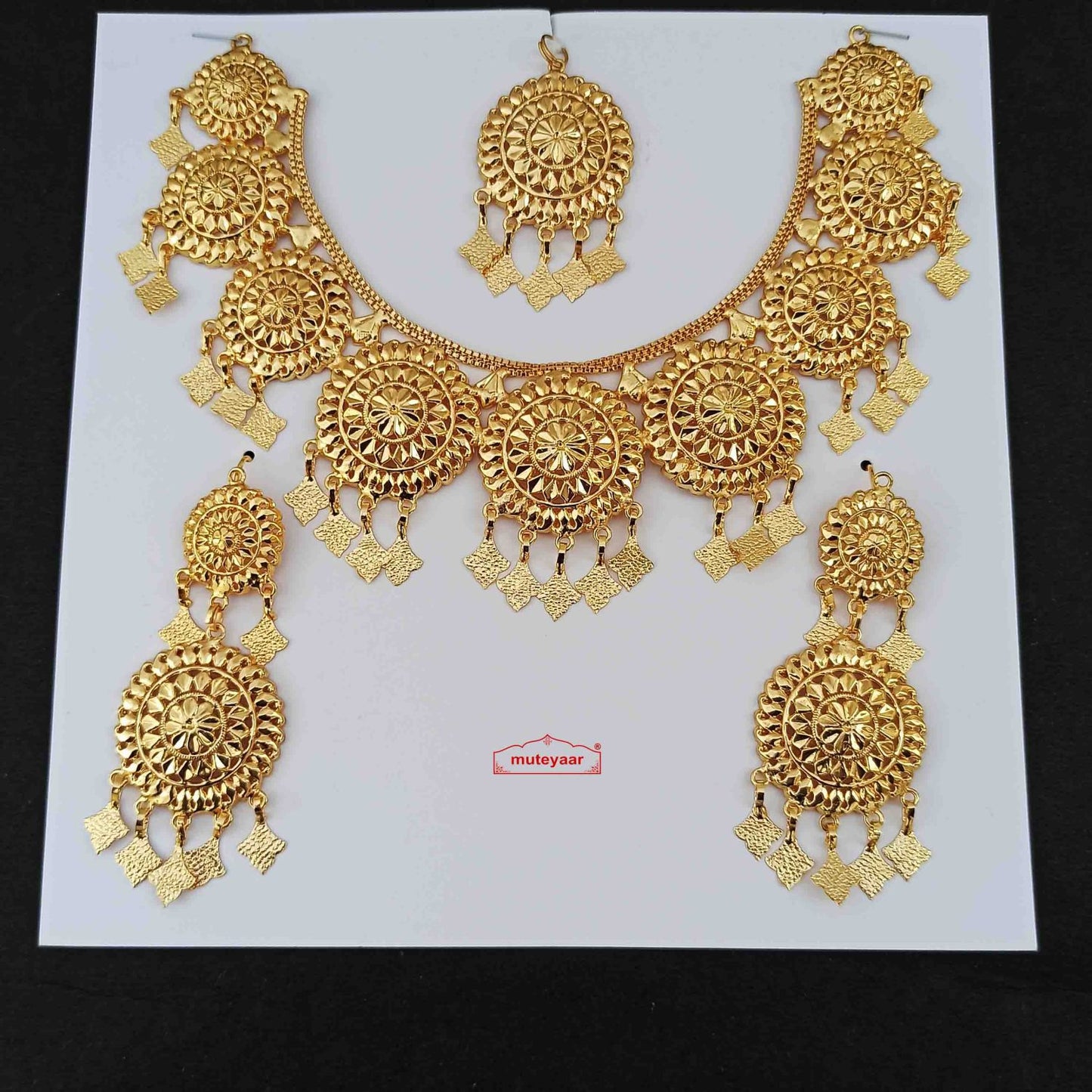 Designer Punjabi Jewellery Set J0751 – Gold Polish Golden Patti Leaves Necklace