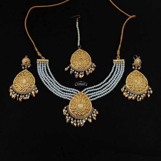 PJ- Gold Polish Necklace Set with Pearl White Beads J0753 | Punjabi Ethnic Jewellery | Punjabi Bridal Jewellery
