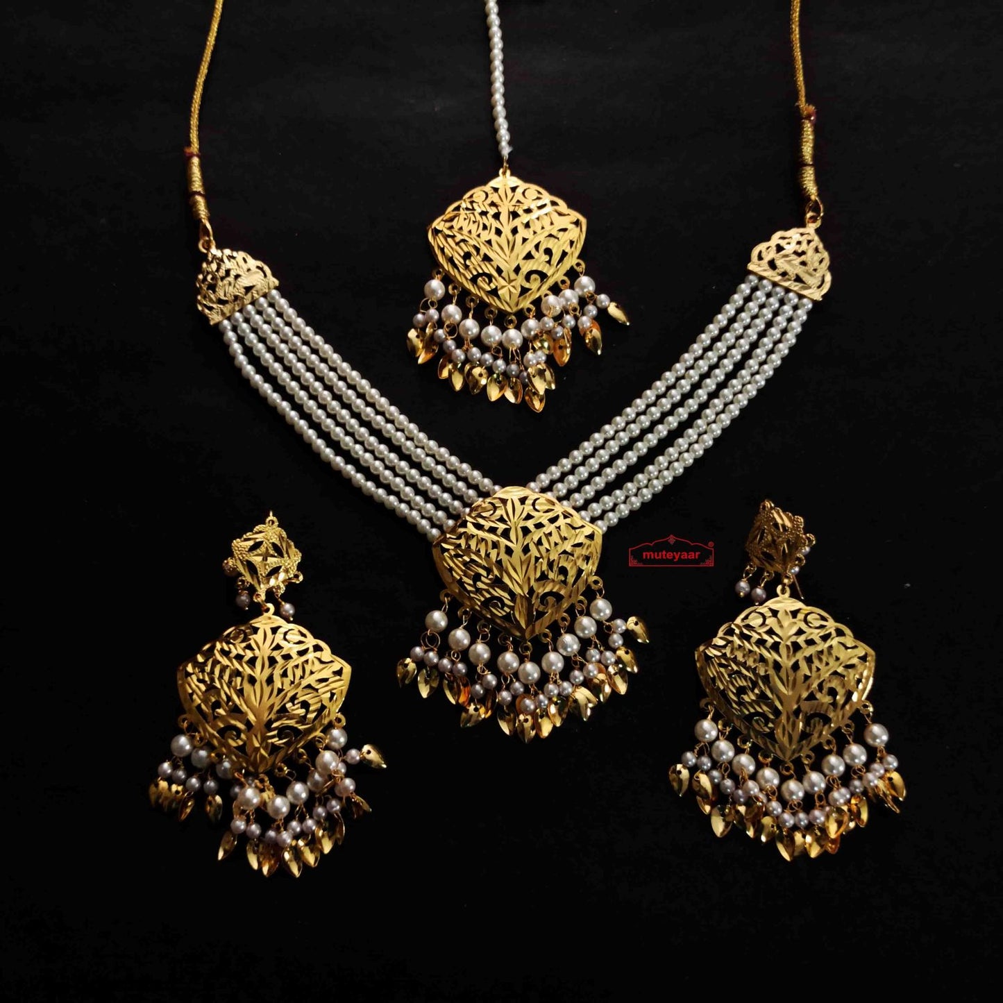 Punjabi Traditional Moti Haar Set J0766 – Necklace Earrings Maang Tikka Jewellery