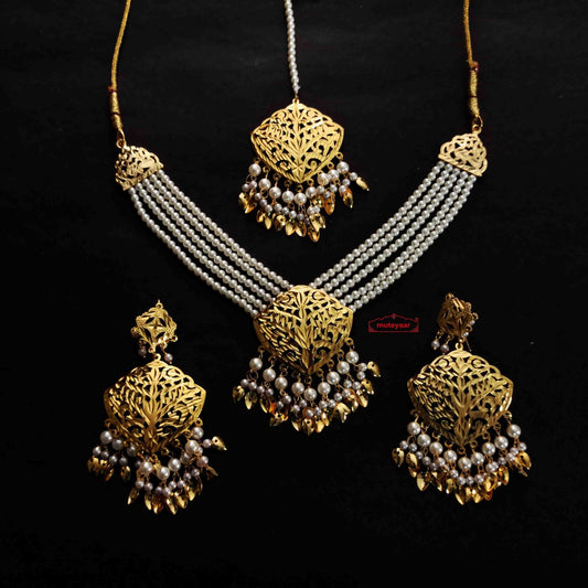 PJ- Punjabi Traditional Moti Haar Set J0766 – Necklace Earrings Maang Tikka Jewellery | Punjabi Bridal Jewellery
