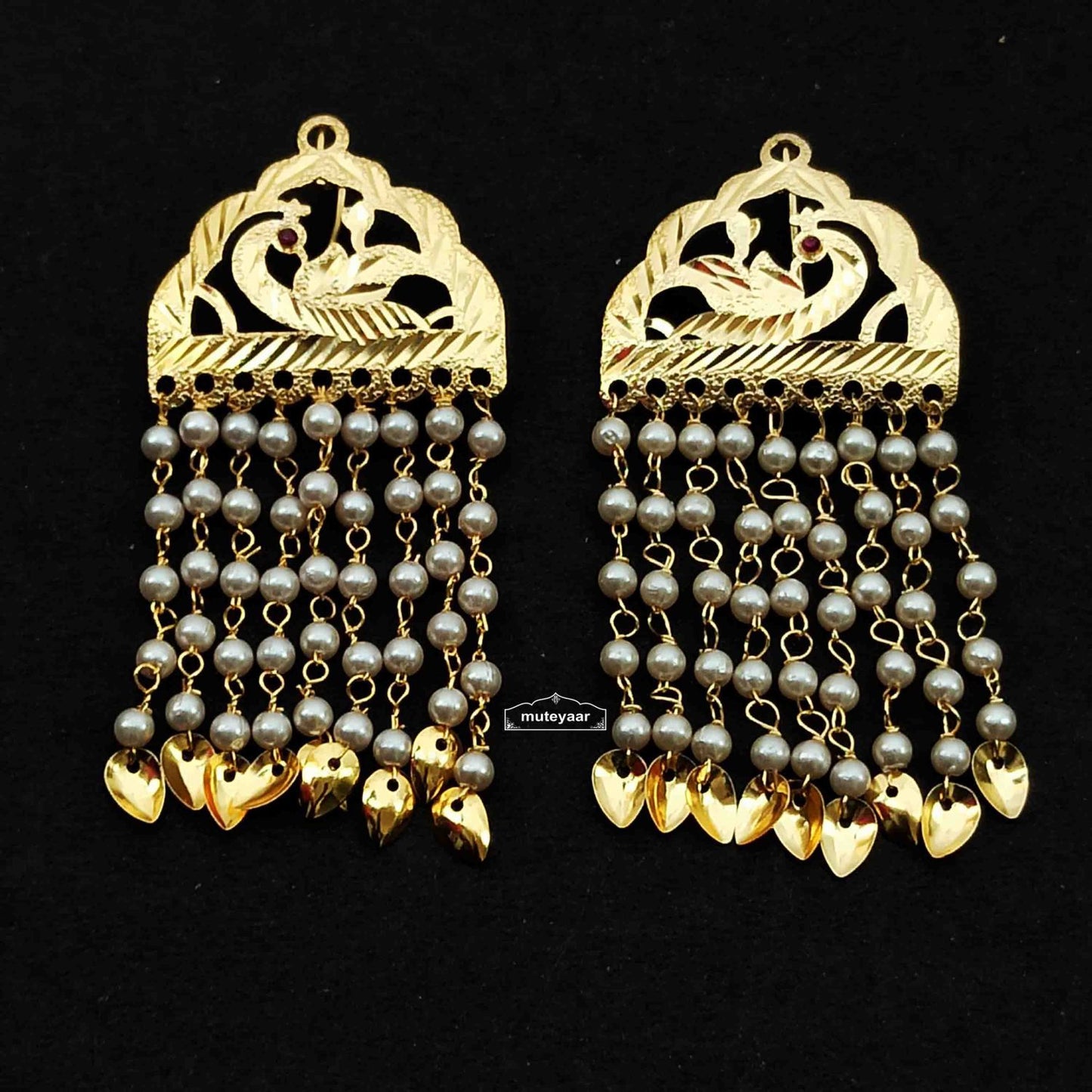 Jhallar Earrings J0768 – White Beads Golden Polish Punjabi Jhallar 2.5-3 Inch