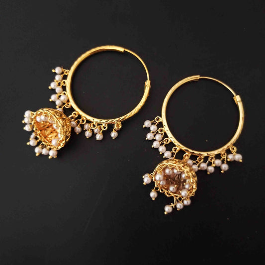 PJ- Punjabi Lotan Bali Earrings J0782 – Golden Jhumki with White Beads | Punjabi Bridal Jewellery