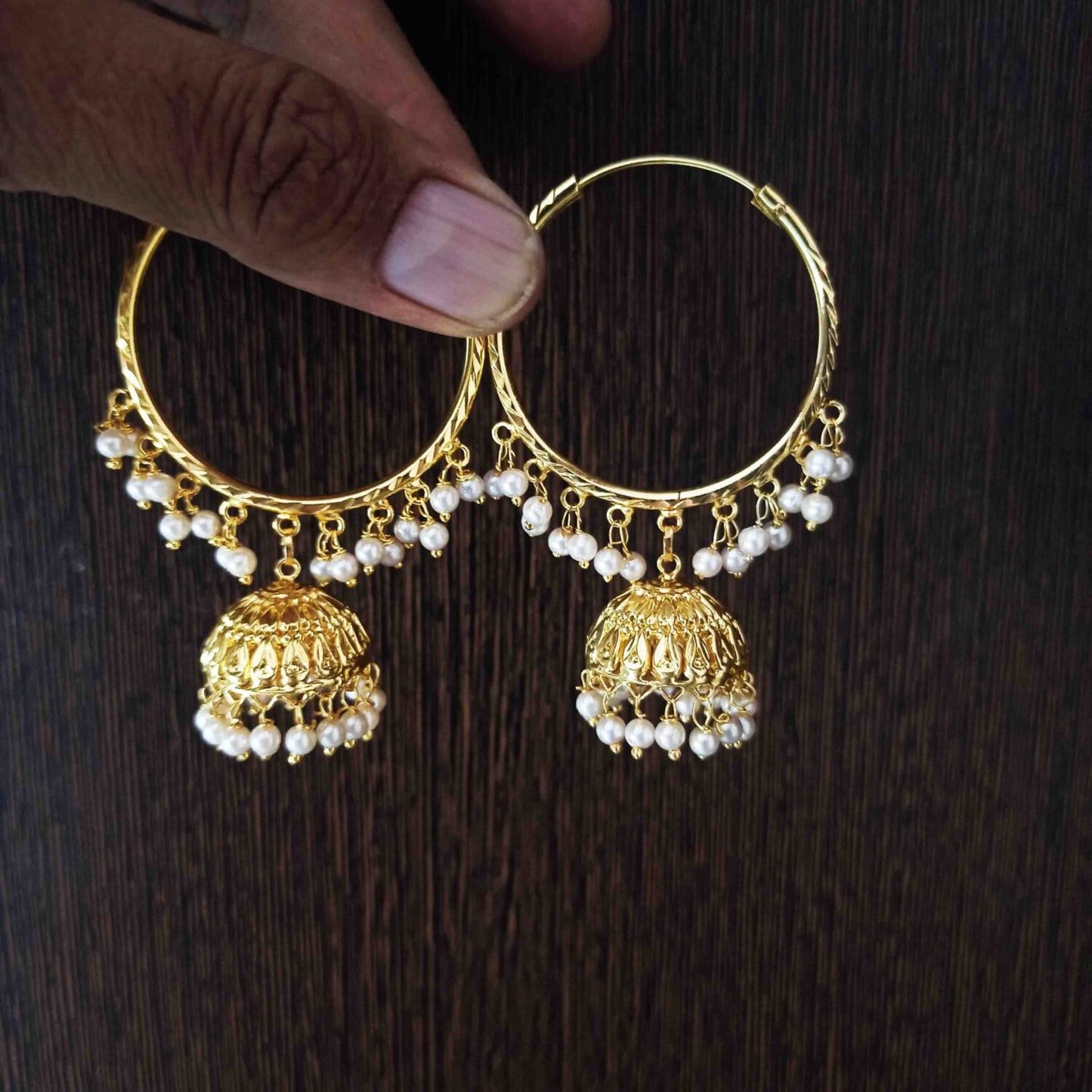 Punjabi Lotan Bali Earrings J0782 – Golden Jhumki with White Beads
