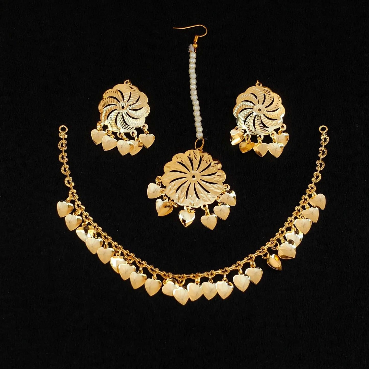 Punjabi Chain Tikka Earrings Set J0783 – Maang Teeka Set with Pipal Patti Chain
