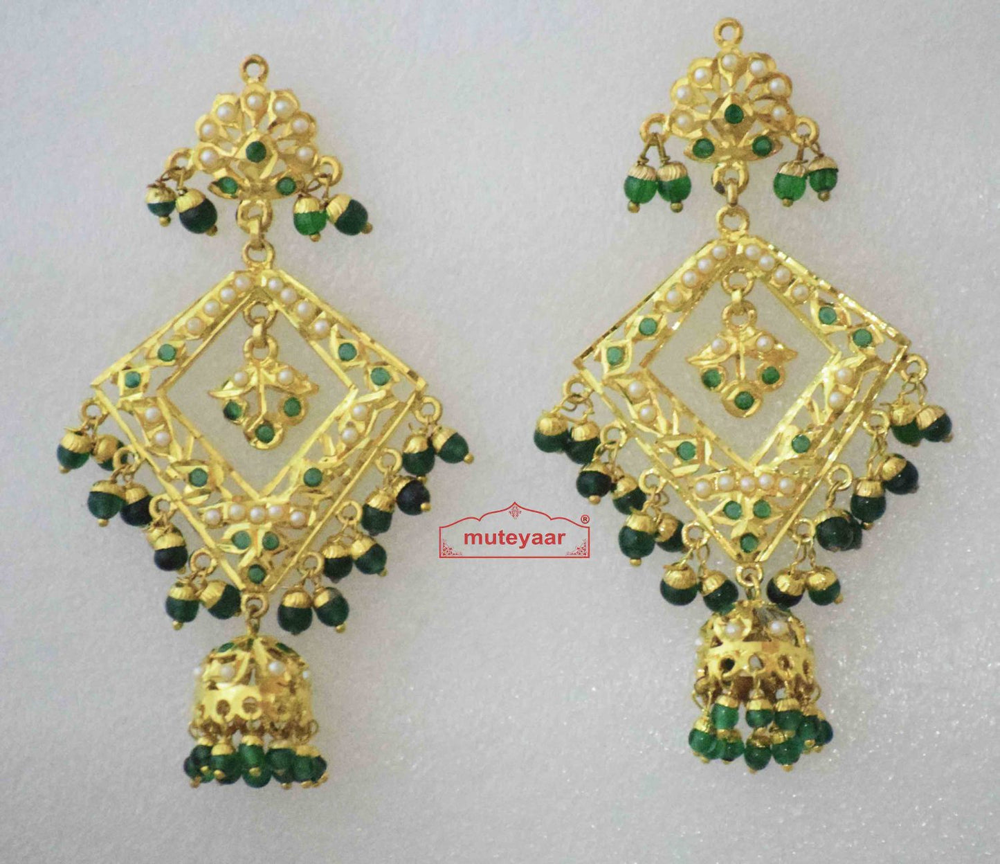 Gold Plated Jadau Brij Bali with Green Beads J2006