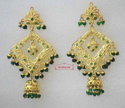 PJ- Jadau Brij Bali with Green Beads J2006 | Gold Plated 3 Inch Punjabi Earrings | Punjabi Bridal Jewellery