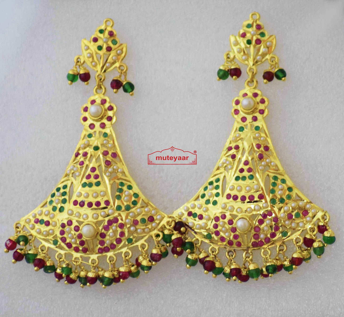 Triangular Jadau Earrings J2007 – Real Gold Plated 4 Inch Multicolour Punjabi Earrings