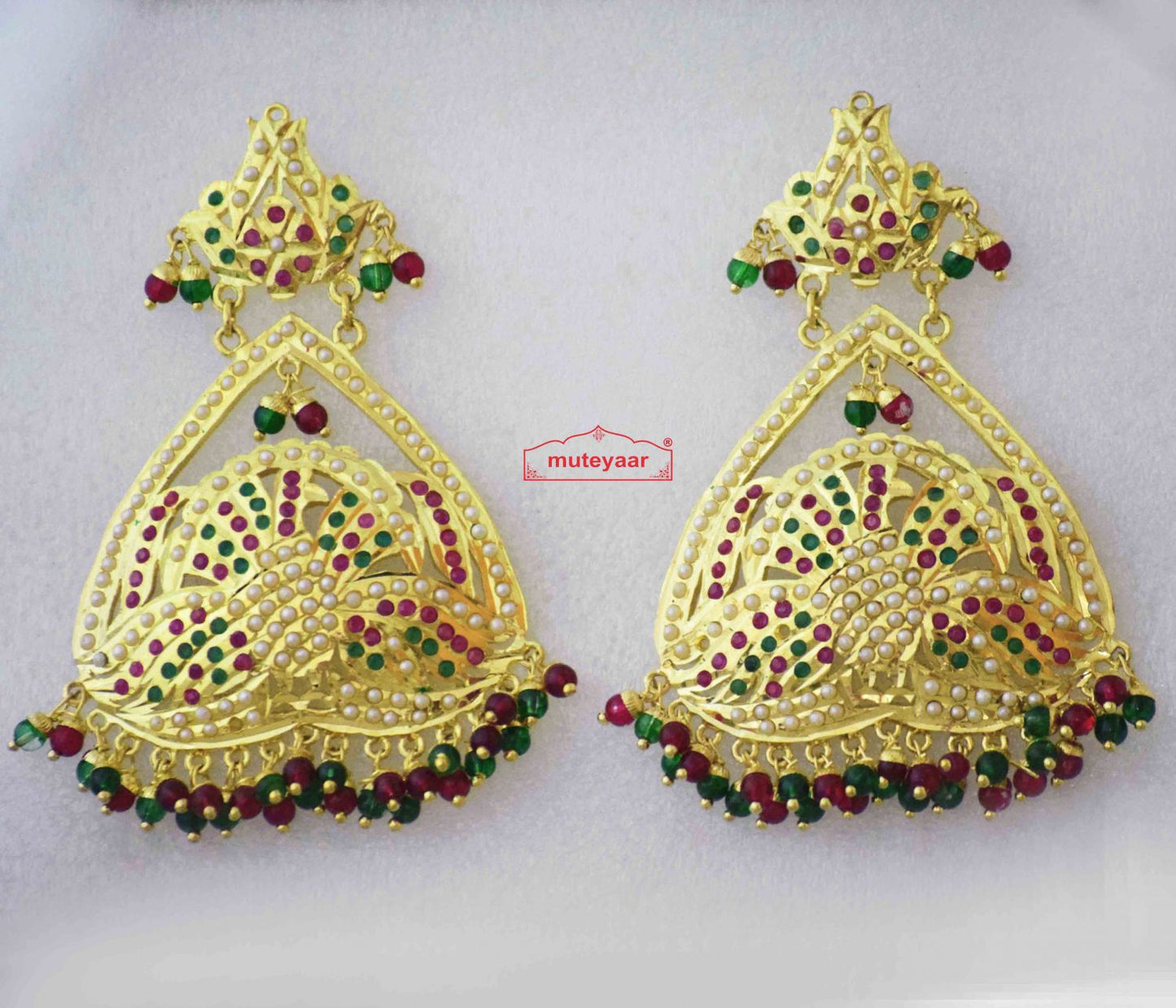 Triangle Design Jadau Earrings J2008 | Gold Plated 4 Inch Punjabi Earrings