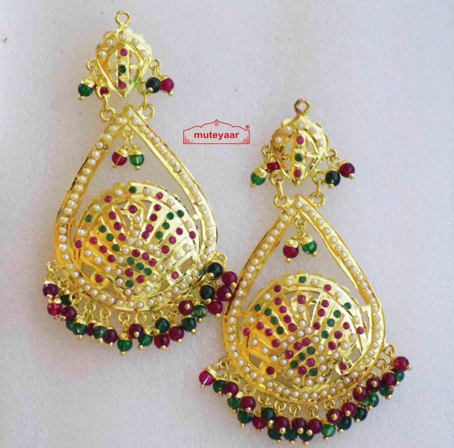Gold Plated Jadau Earrings J2011 – Red Green Beads Long 4 Inch Punjabi Earrings