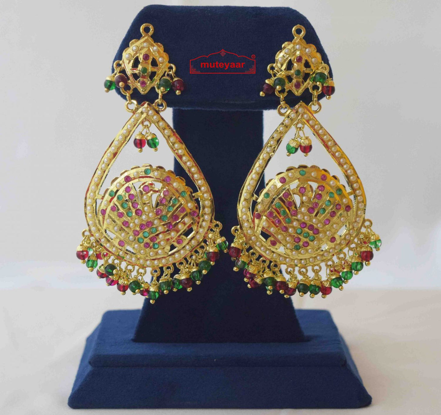 Gold Plated Jadau Earrings J2011 – Red Green Beads Long 4 Inch Punjabi Earrings