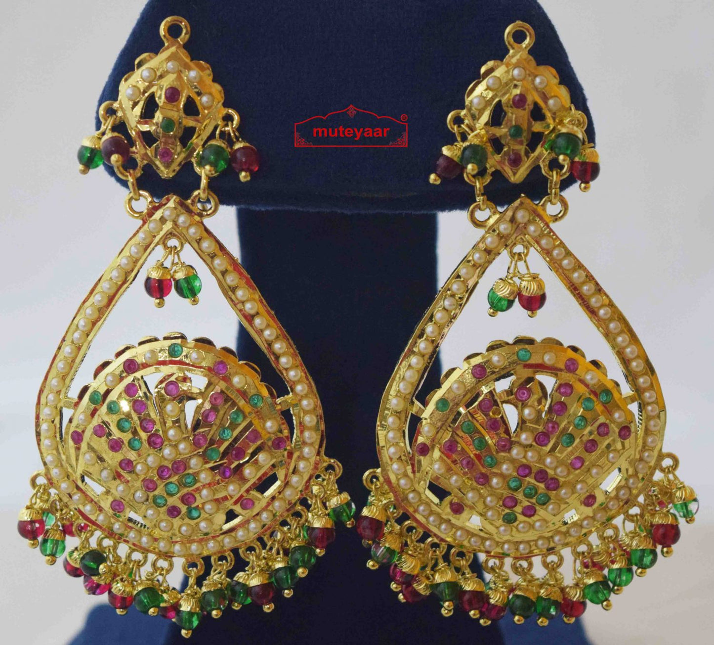Gold Plated Jadau Earrings J2011 – Red Green Beads Long 4 Inch Punjabi Earrings