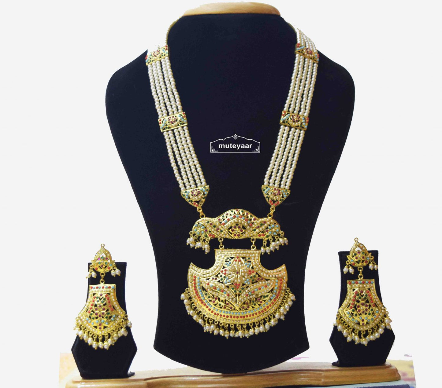 Long Jadau Ranihaar Set J4001 – Multicolour Studded Real Gold Plated Jewellery