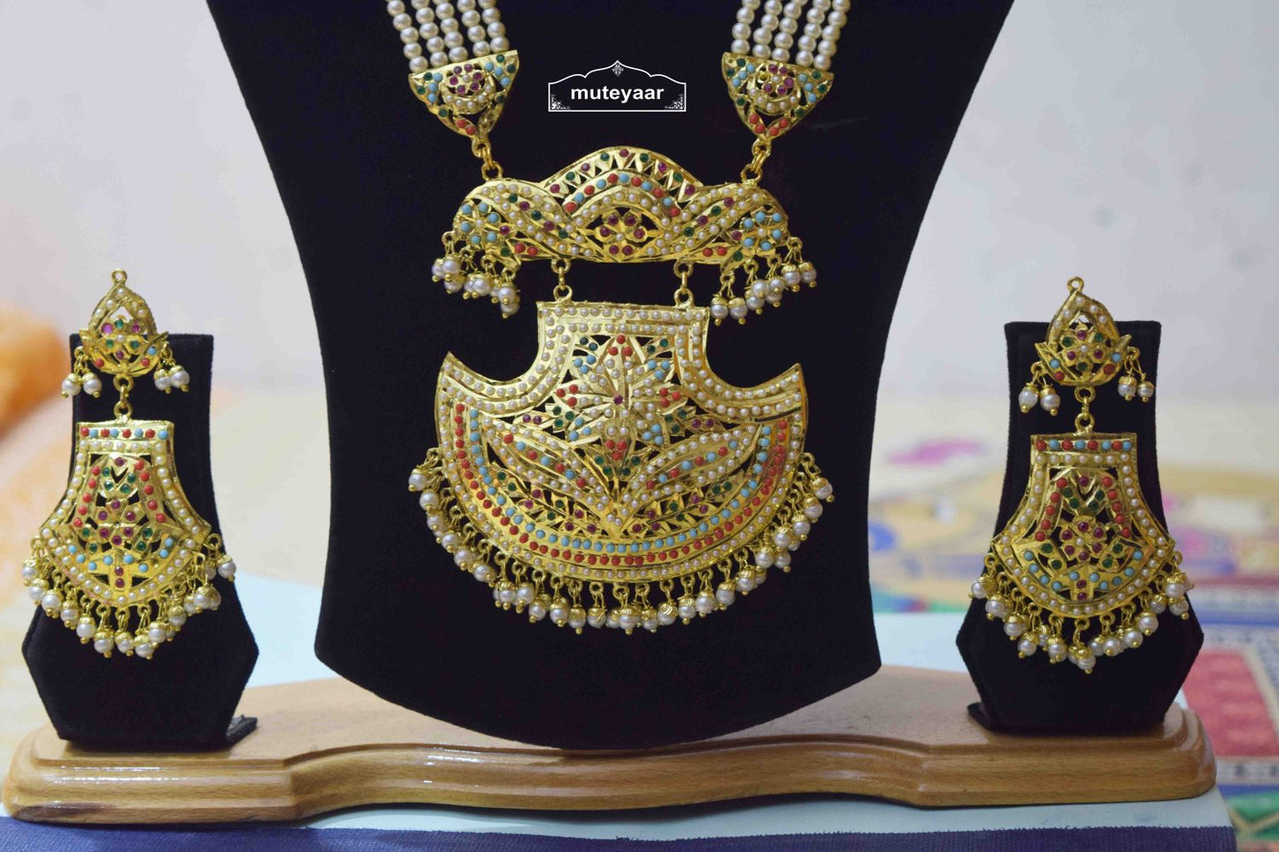 Long Jadau Ranihaar Set J4001 – Multicolour Studded Real Gold Plated Jewellery