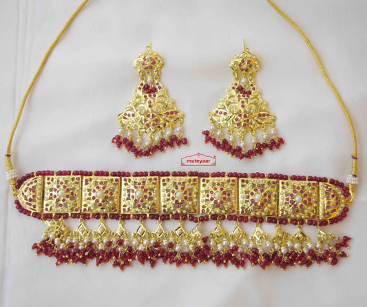 PJ- Red Gulband Choker Jadau Set J4025 | Real Gold Plated Punjabi Bridal Jewellery | Punjabi Bridal Jewellery