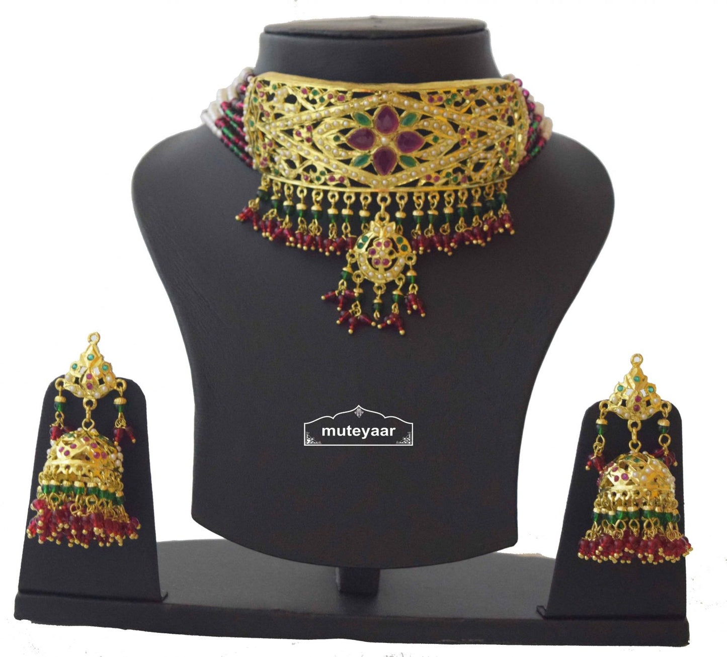 Gold Plated Ruby Emerald Jadau Gulband Set J4033 | Choker Necklace Earrings