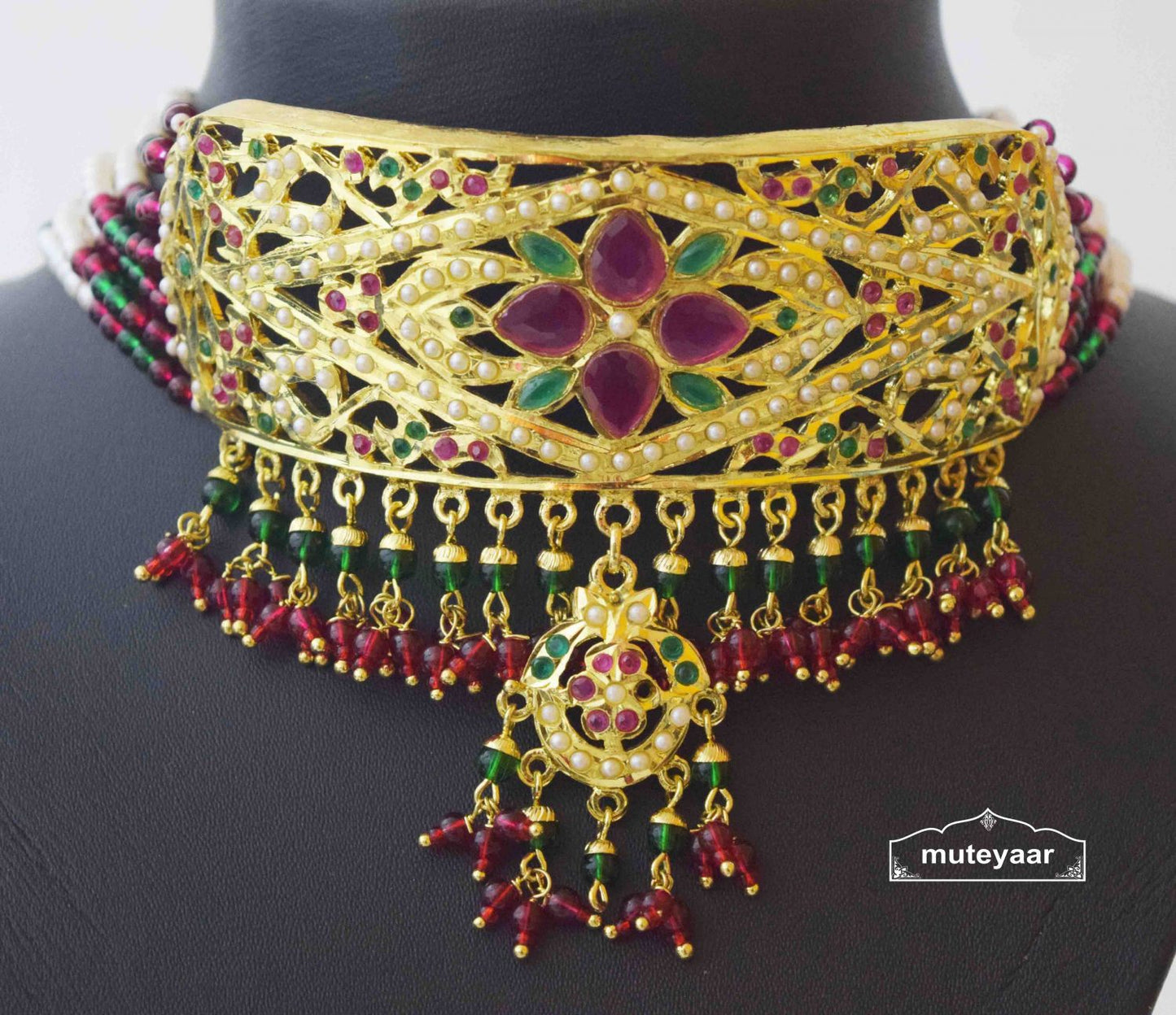 Gold Plated Ruby Emerald Jadau Gulband Set J4033 | Choker Necklace Earrings