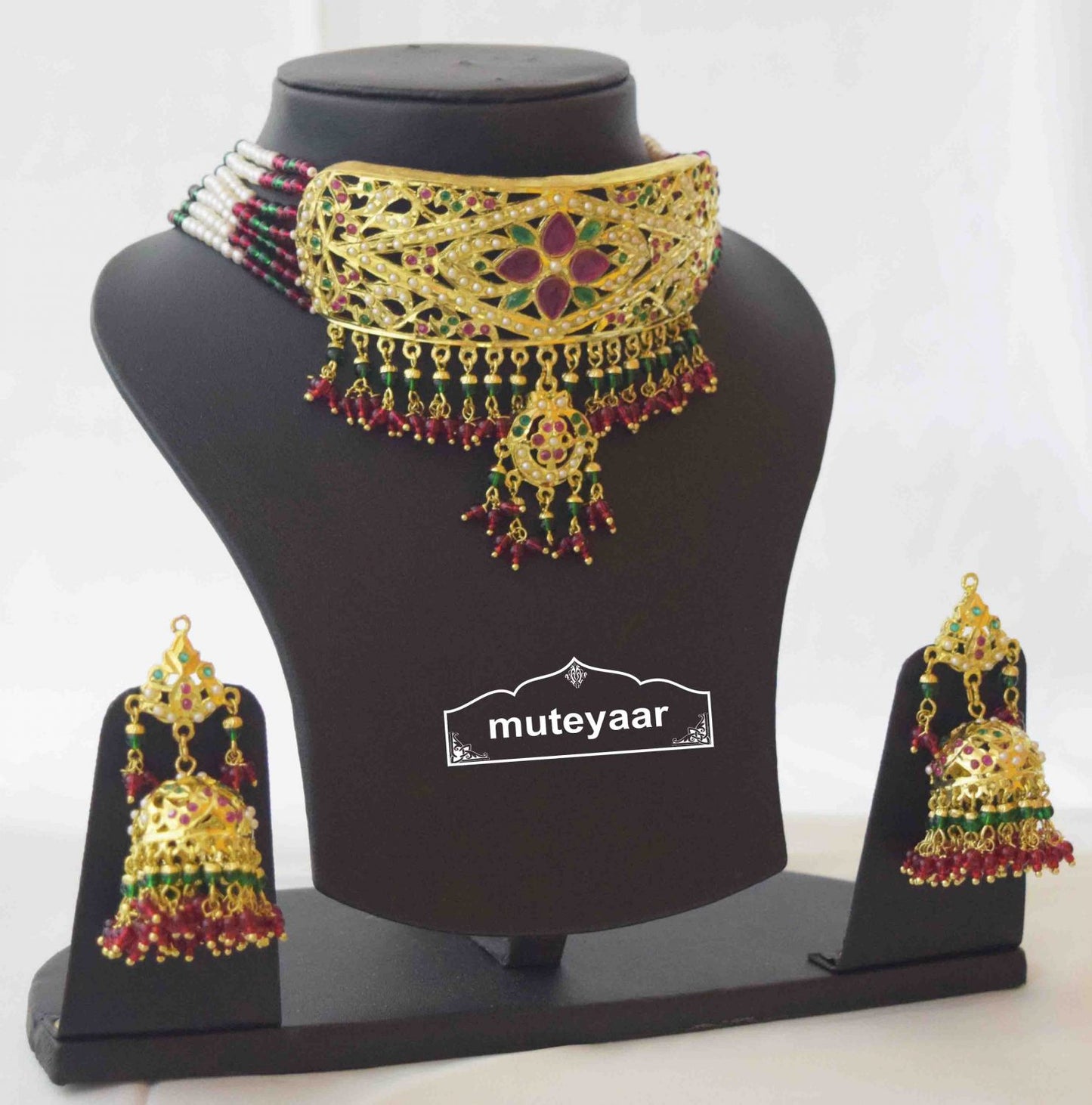 Gold Plated Ruby Emerald Jadau Gulband Set J4033 | Choker Necklace Earrings