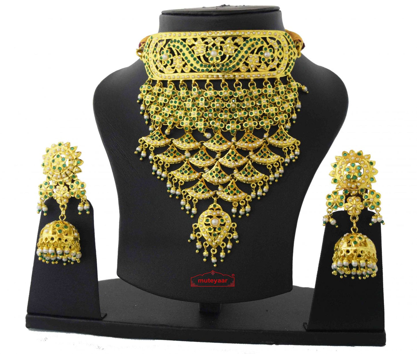 Rajputi Jadau Jewellery Set J4037 | Emerald Green Gold Plated Bridal Necklace