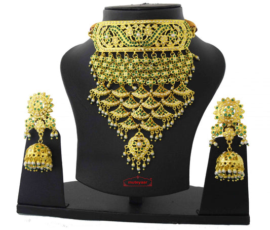 PJ- Rajputi Jadau Jewellery Set J4037 | Emerald Green Gold Plated Bridal Necklace | Punjabi Bridal Jewellery
