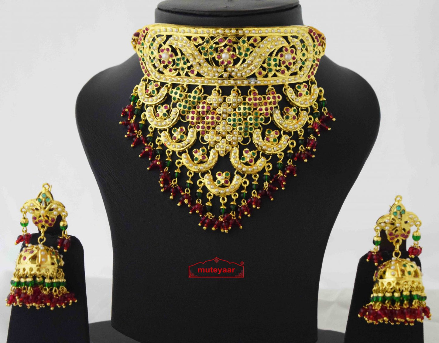 Rajpooti Jadau Set J4039 | Ruby Red Emerald Green Gold Plated Jewellery