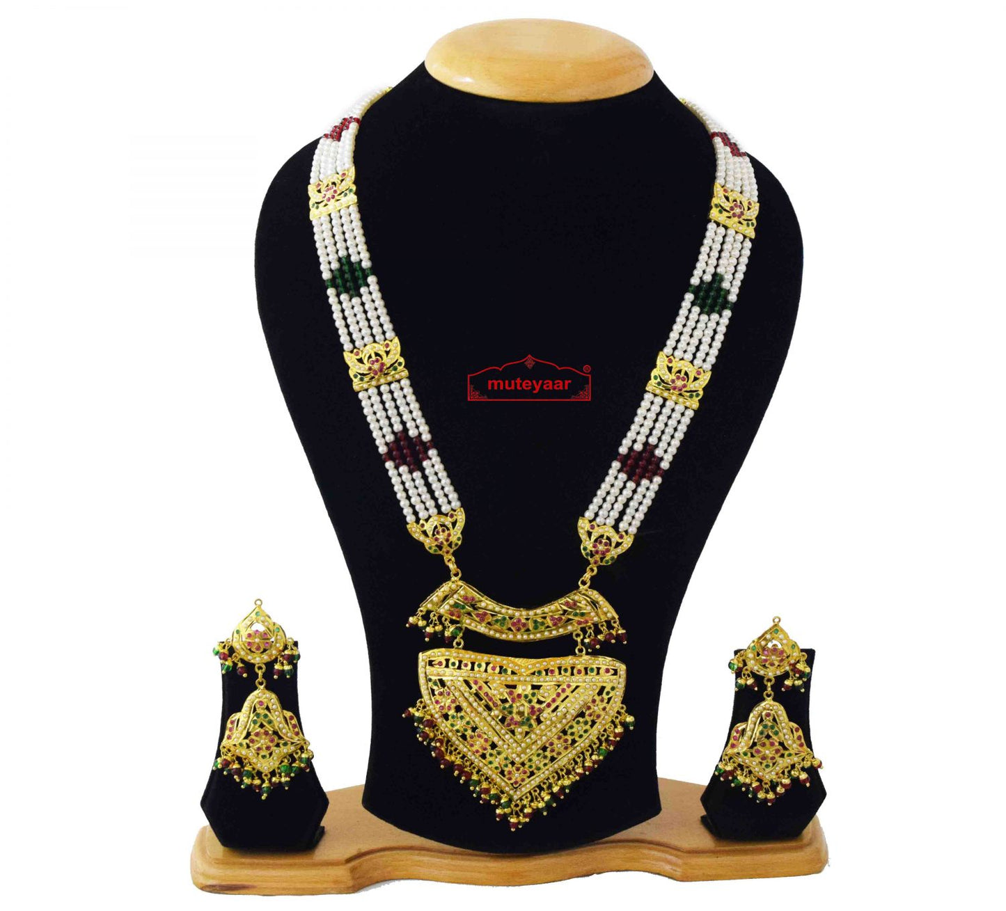Multicolour Studded Jadau Ranihaar Necklace Set J4041 | Gold Plated Bridal Jewellery