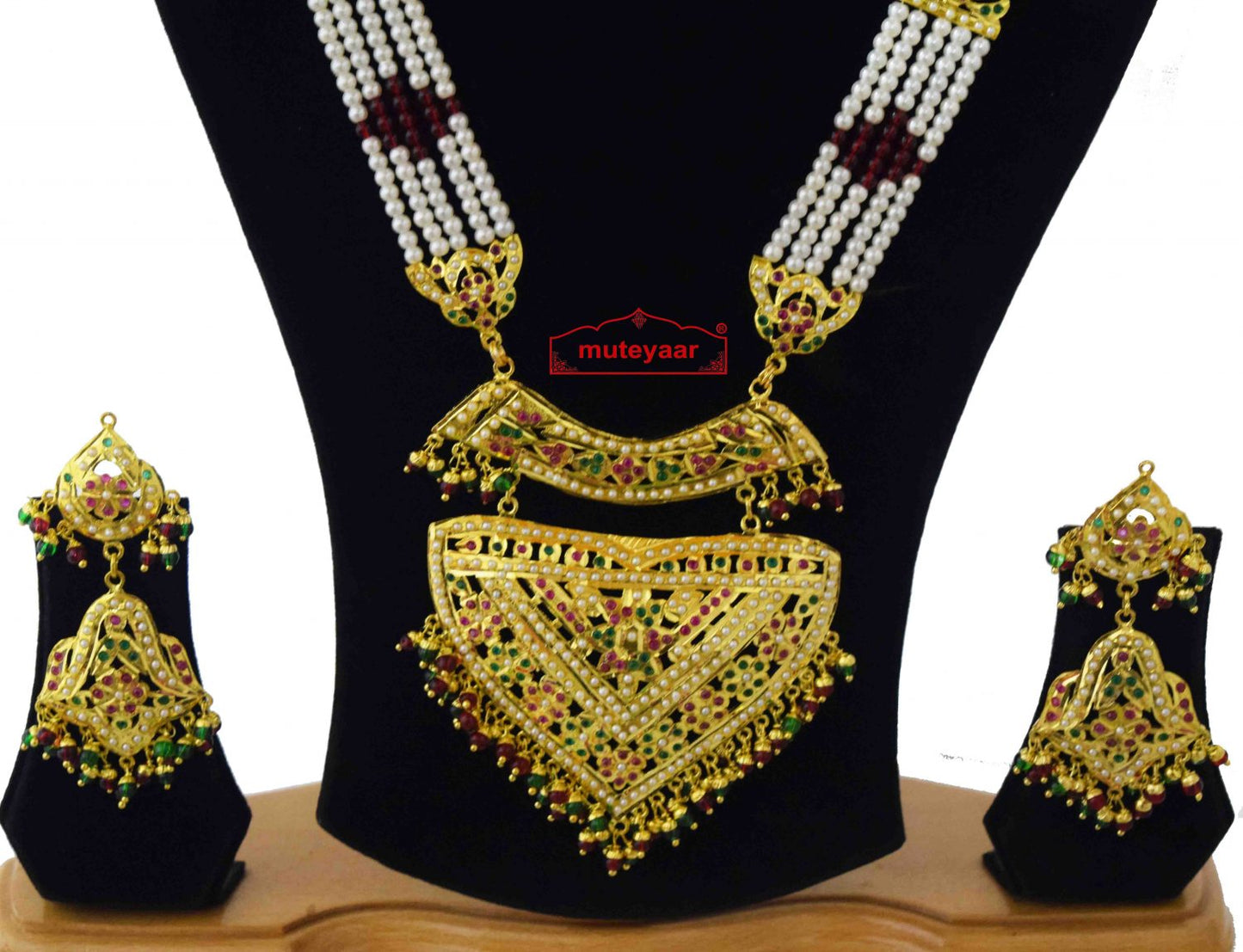 Multicolour Studded Jadau Ranihaar Necklace Set J4041 | Gold Plated Bridal Jewellery