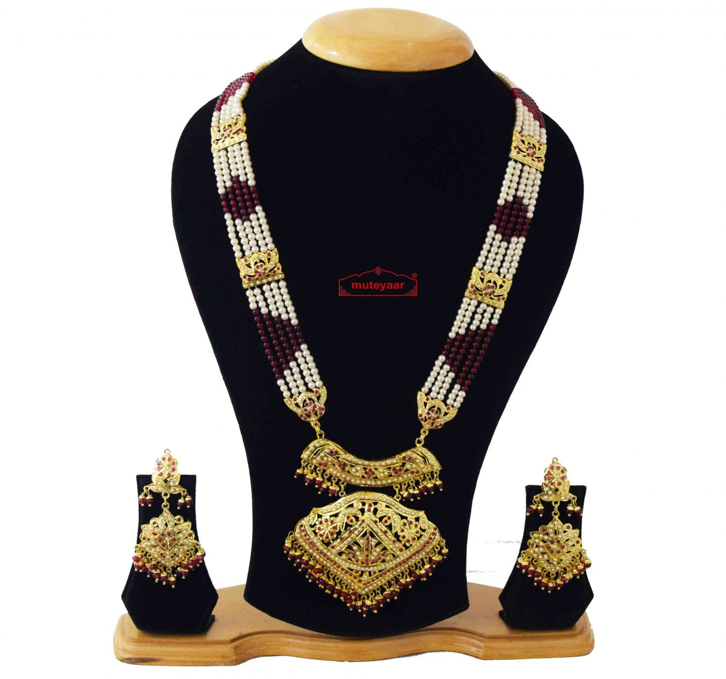 Queen's Necklace Jadau Set J4043 | Ruby Red Gold Plated Ranihaar Bridal Jewellery