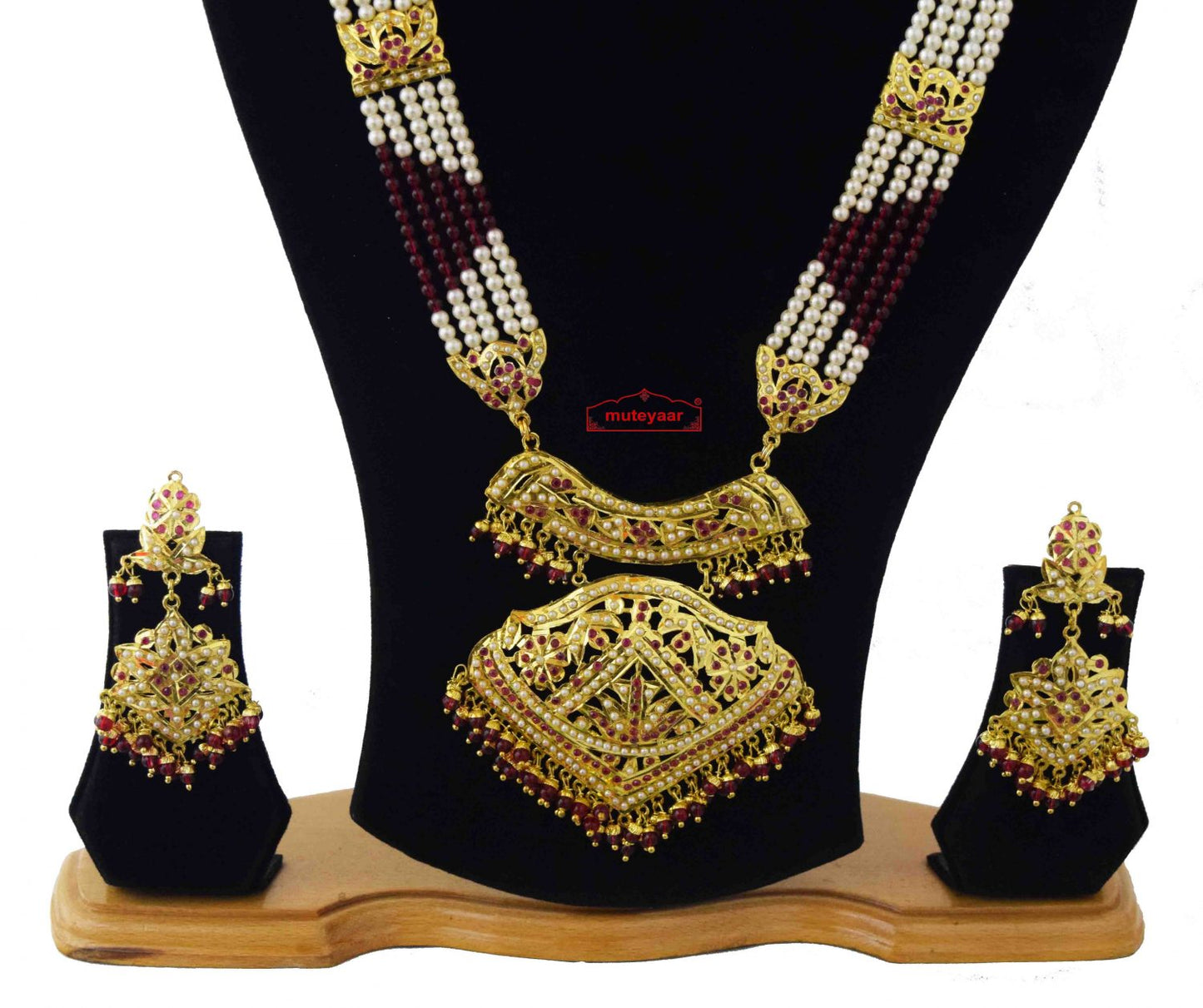 Queen's Necklace Jadau Set J4043 | Ruby Red Gold Plated Ranihaar Bridal Jewellery