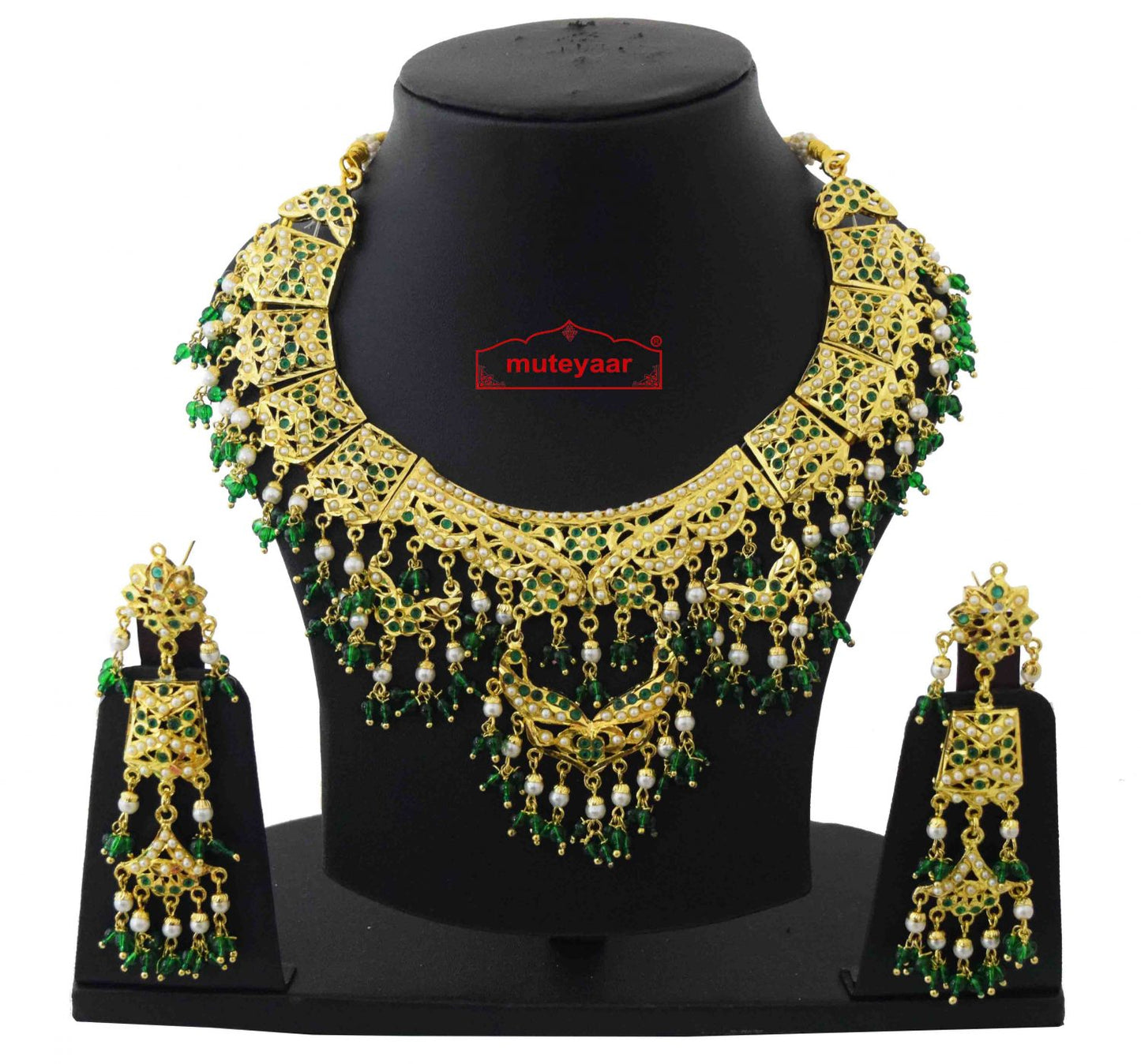 Green White Jadau Collar Set J4050 | Gold Plated Punjabi Bridal Necklace