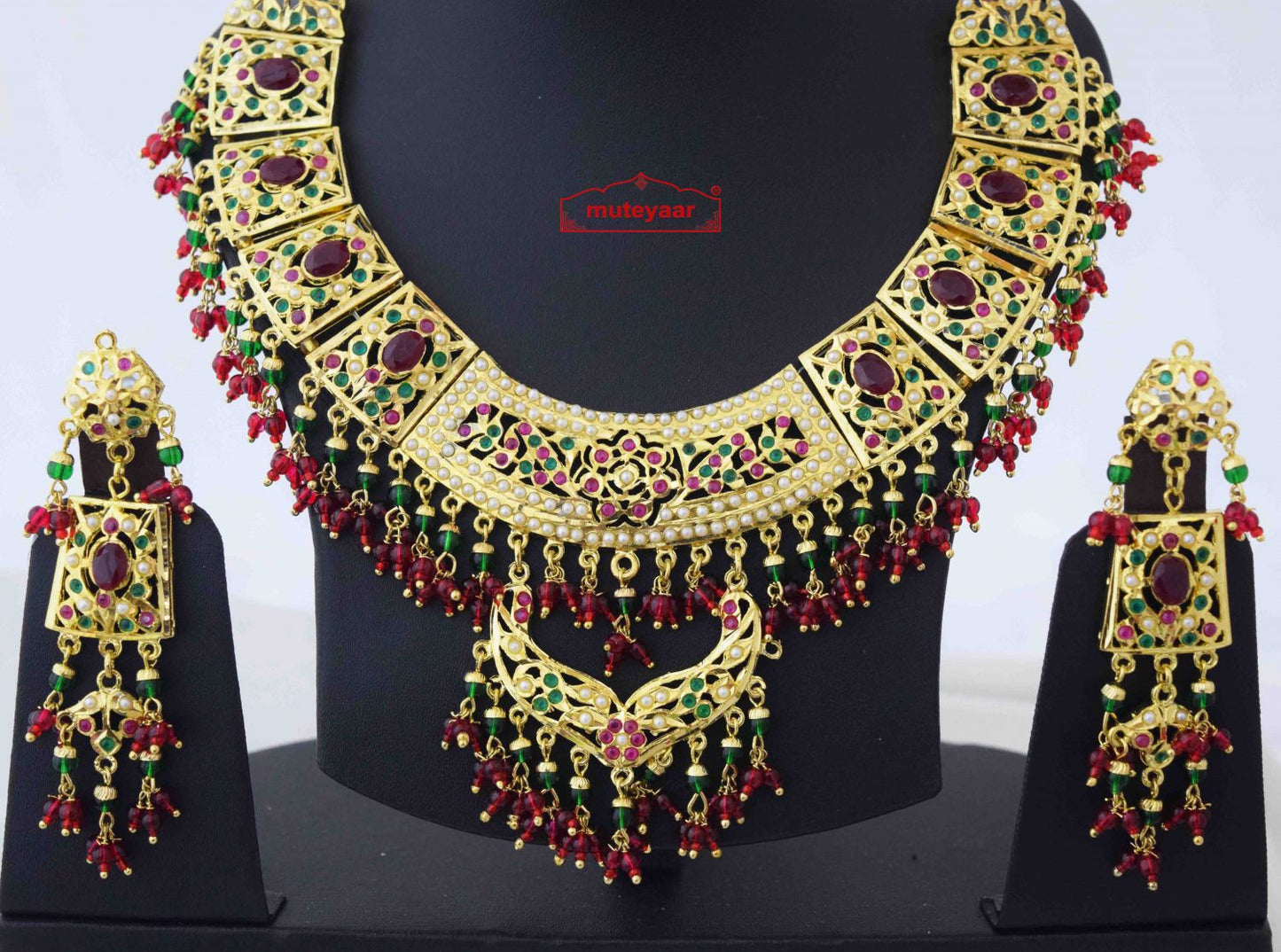 Jadau Bridal Collar Set J4056 – Gold Plated Punjabi Wedding Necklace Jewellery