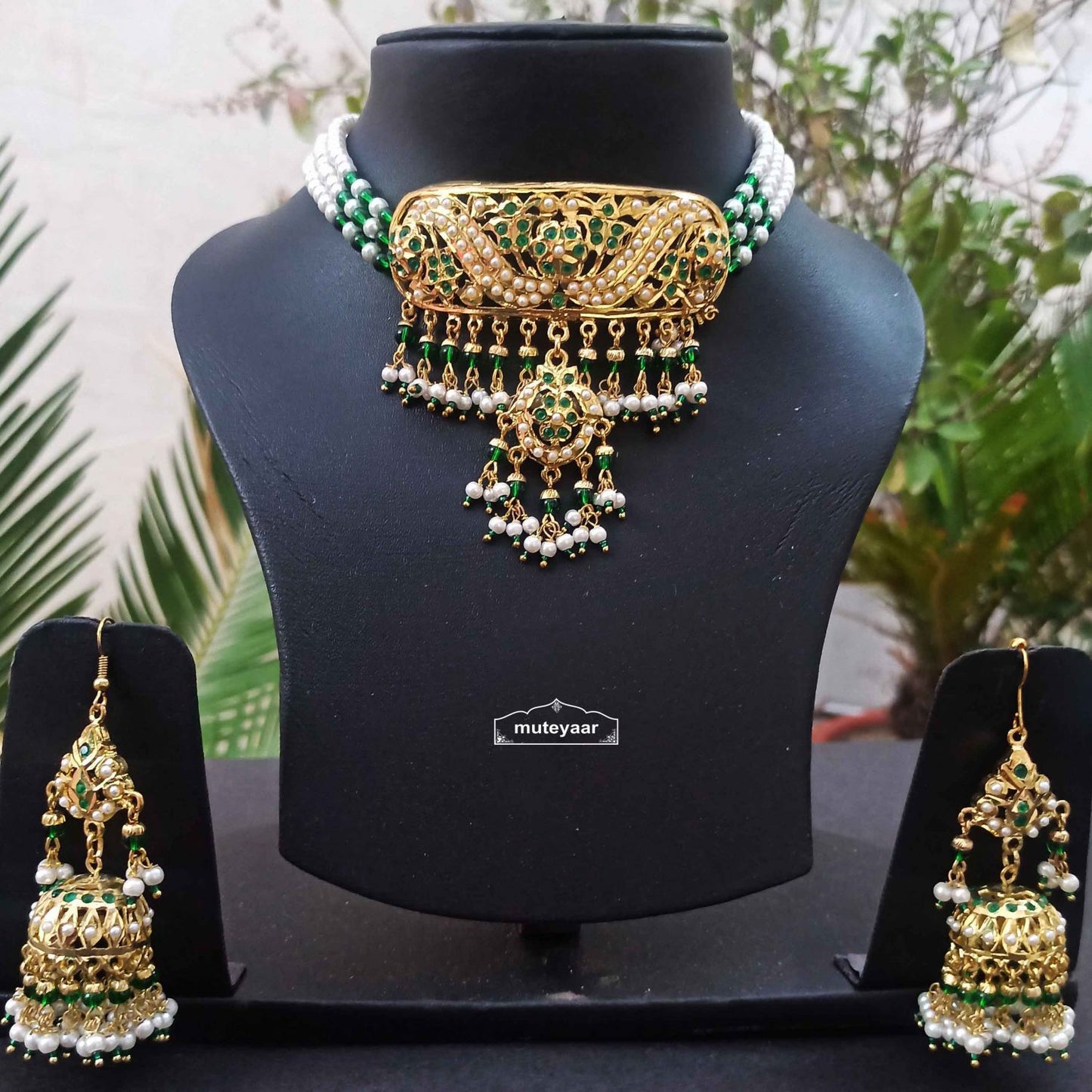 Emerald Green Jadau Guluband Set J4067 – Gold Plated Punjabi Bridal Choker
