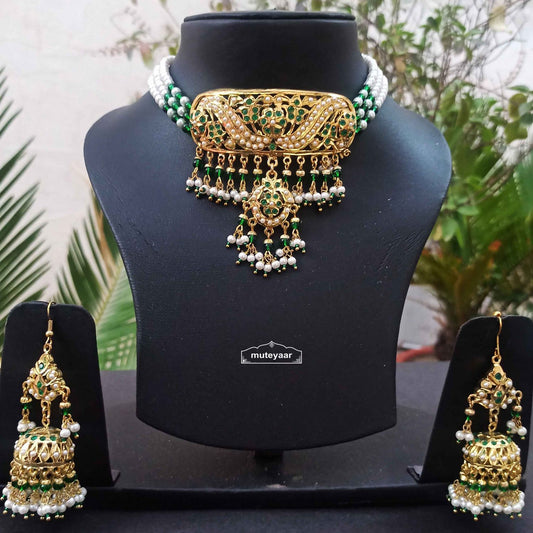 PJ- Emerald Green Jadau Guluband Set J4067 – Gold Plated Punjabi Bridal Choker | Punjabi Bridal Jewellery