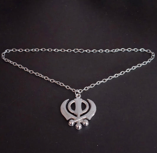 PJ- Khanda Locket with Chain – Silver Polish Punjabi Sikh Pendant Necklace | Punjabi Bridal Jewellery