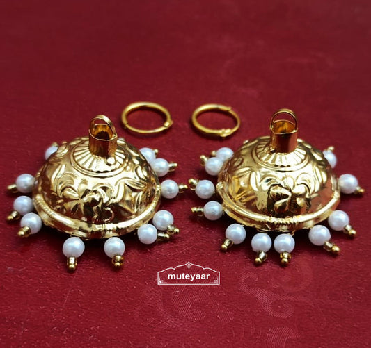 PJ- Lotan Jhumki with Golden Bali Earrings – White Moti Punjabi Jhumka Set | Punjabi Bridal Jewellery