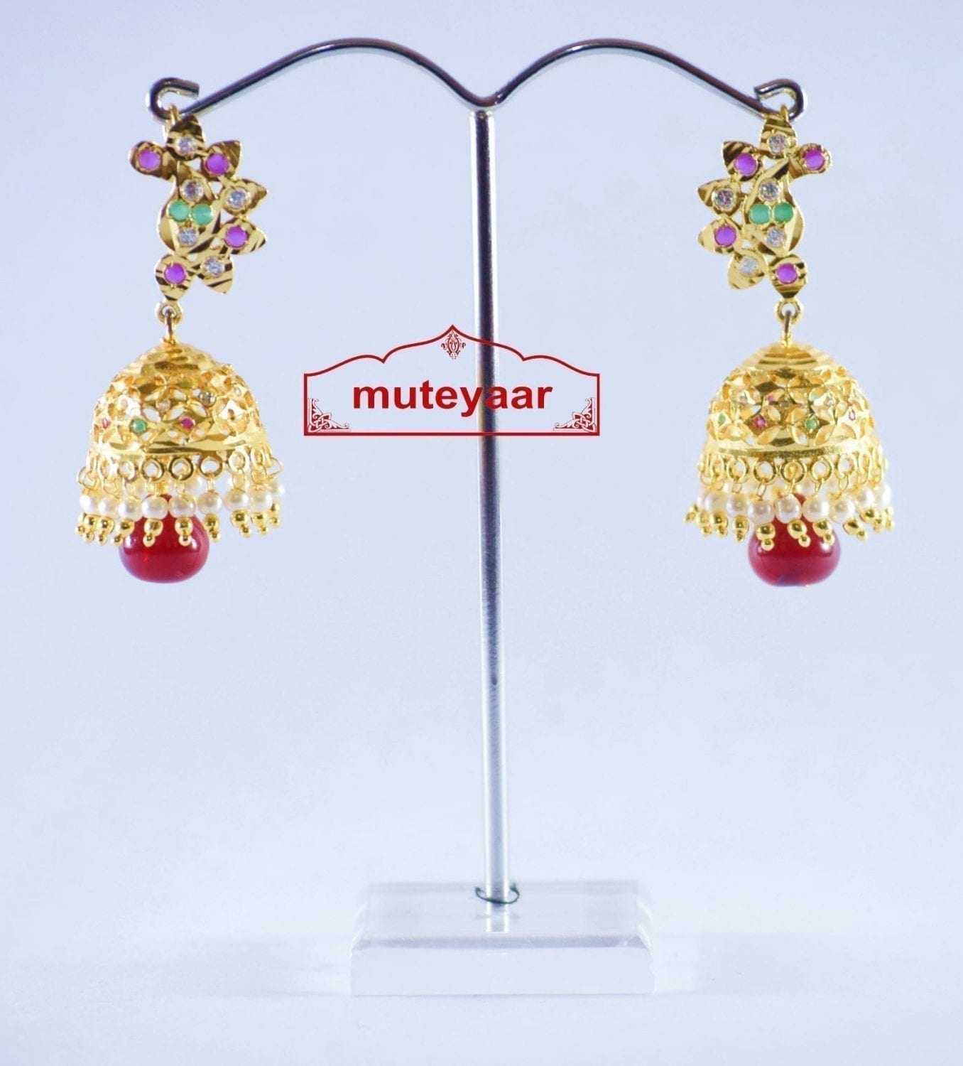 Jadau Gold Polished Punjabi Earrings J0142 | Traditional 2.5 Inch Jadau Stone Set