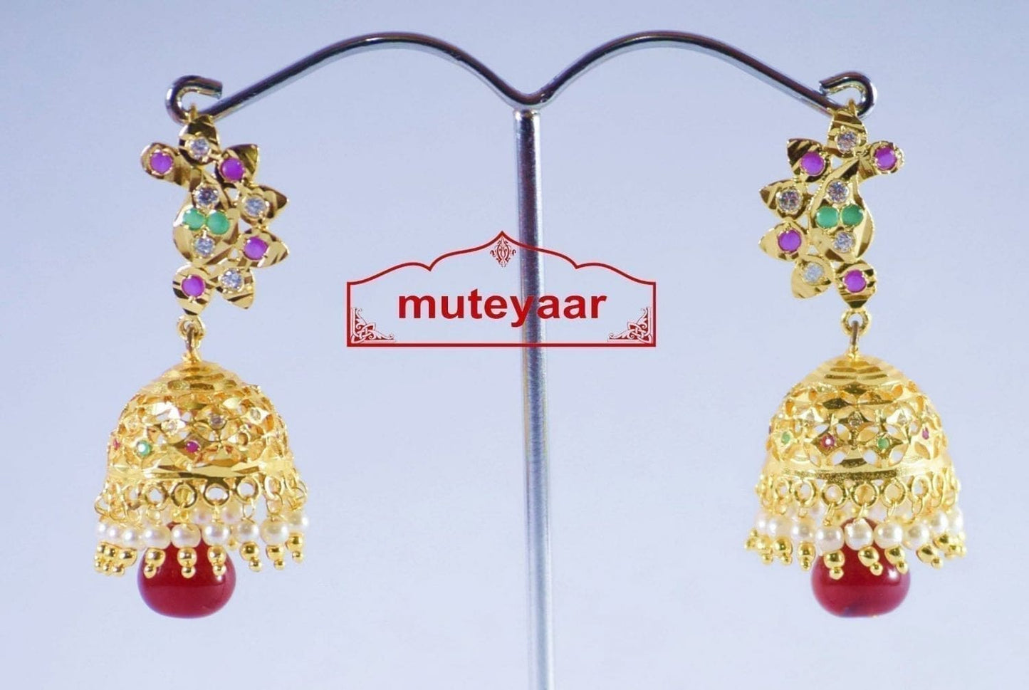 Jadau Gold Polished Punjabi Earrings J0142 | Traditional 2.5 Inch Jadau Stone Set