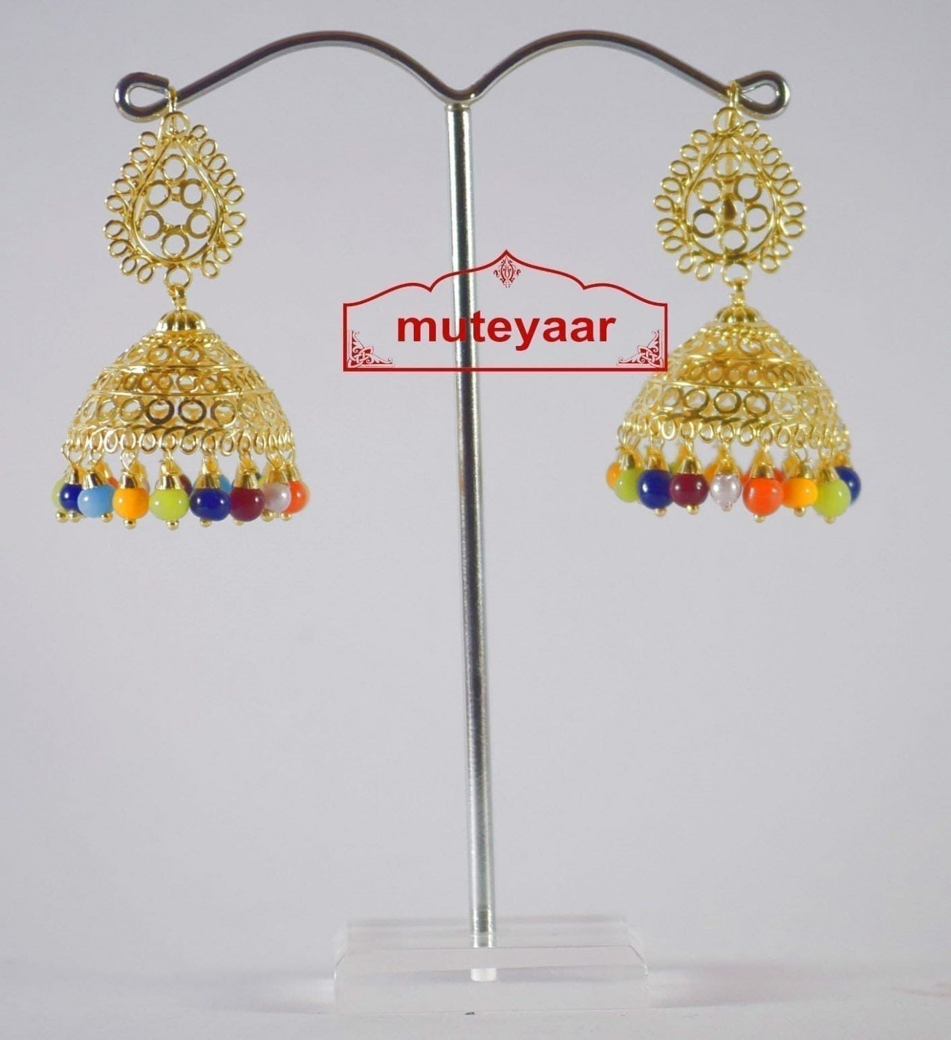 Multicolour Jhumki Earrings J0189 | Gold Polished Traditional Punjabi Earring Set