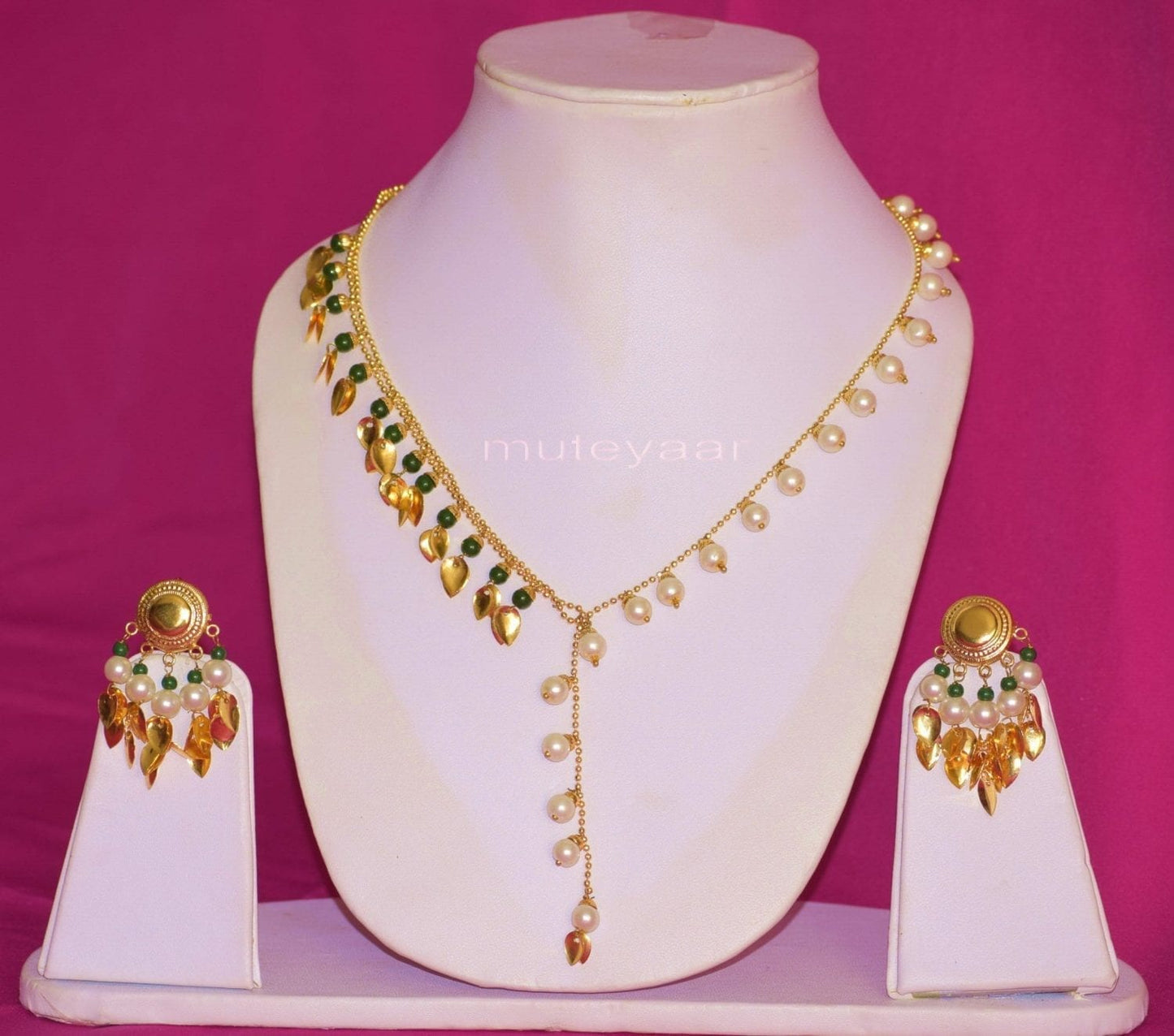 Gold Plated Punjabi Chain Set J0211 | Pipal Patti Designer Beads Chain with Earrings