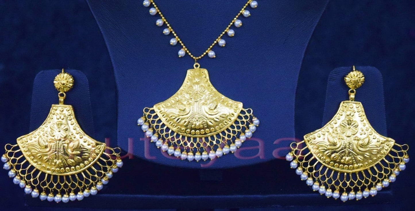 24 Ct Gold Plated Punjabi Pendant Earrings Set J0250 – Handmade Traditional Jewellery